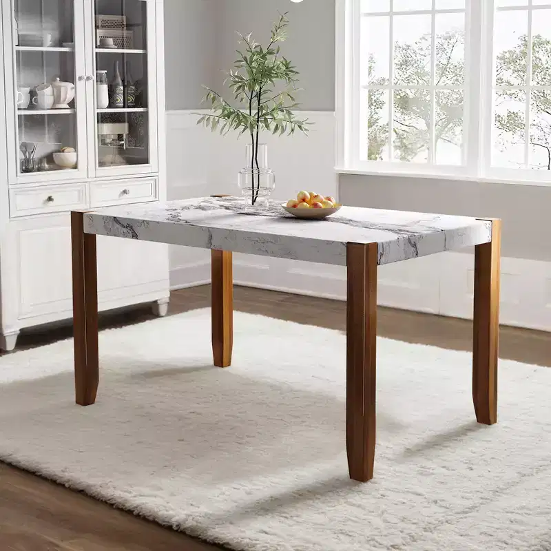 46.5 Modern Faux Marble Dining Table with Wood Legs and Easy-Clean Surface