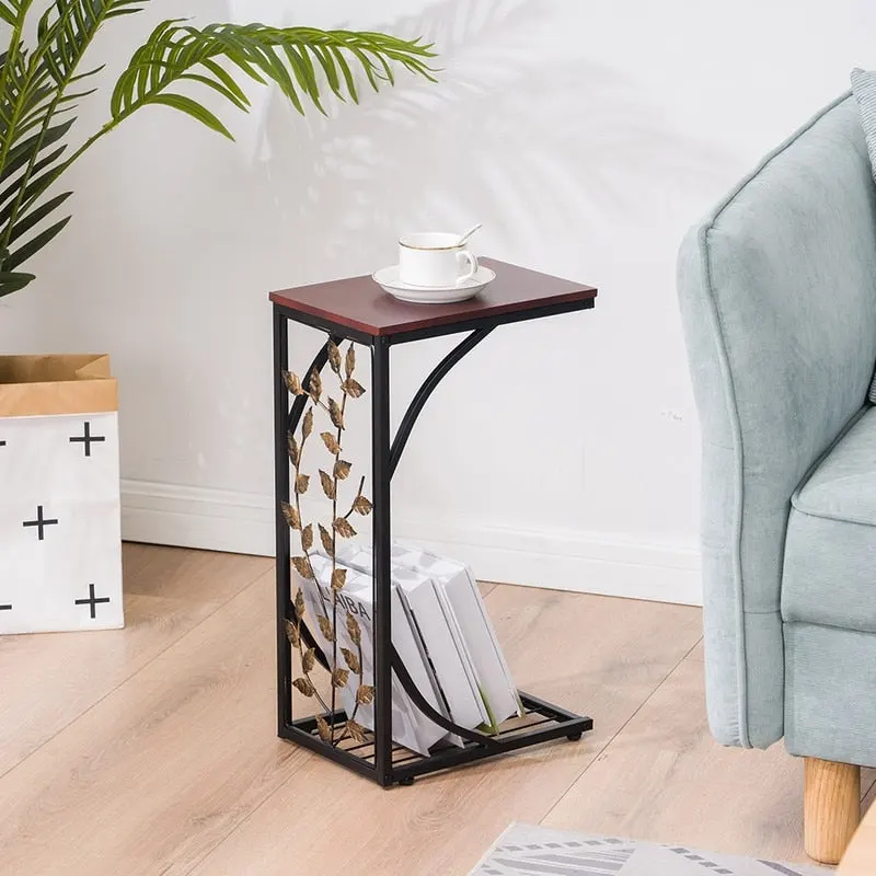 C-Shape Side Table with Leaf Pattern Iron Frame and Wood Top, Brown and Gold, 12L x 8.27W x 21.26H in