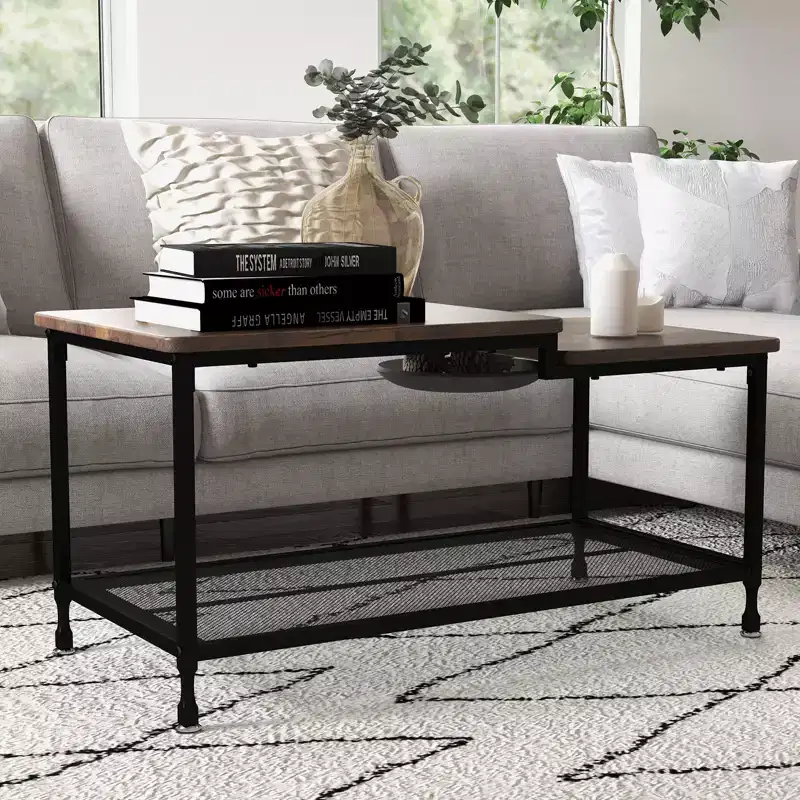 2 Tier Coffee Table with Grid Shelf, Living Room Table Metal Structure,