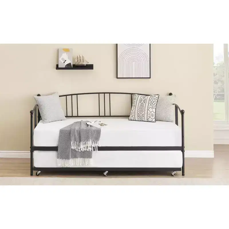 Twin Metal Daybed with Pull-Out Trundle & 6 Casters - Steel Slat Support, Space-Saving Guest Sofa Bed