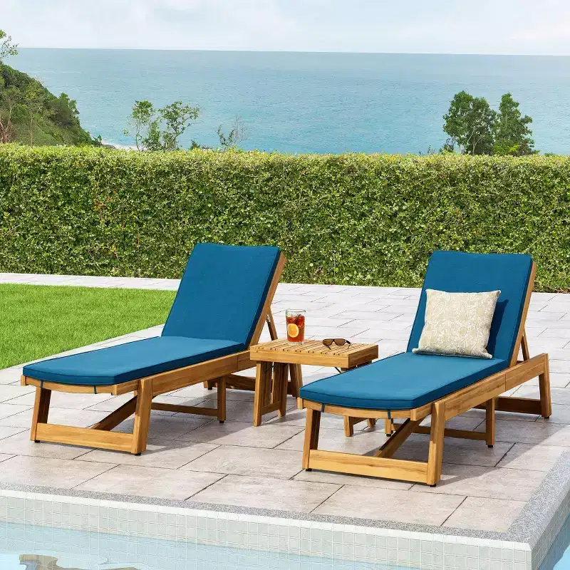Kyoto 3pc Outdoor Acacia Wood Chaise Lounge Set with Cushions - Teak/Blue - Christopher Knight Home: Patio Armless Seating & Accent Table