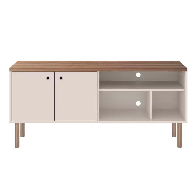 Windsor TV Stand for TVs up to 50" White/Natural - Manhattan Comfort: Media Console with Open Shelves & Cabinet Storage