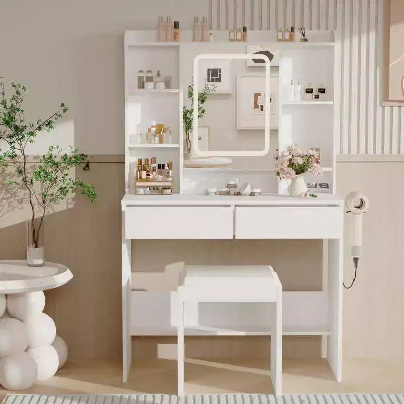 Vanity Desk with Mirror and 3 Lights Modes, Makeup Table Set with Hidden Storage Shelves, USB Outlets, Dressing Table with Hairdryer Holder