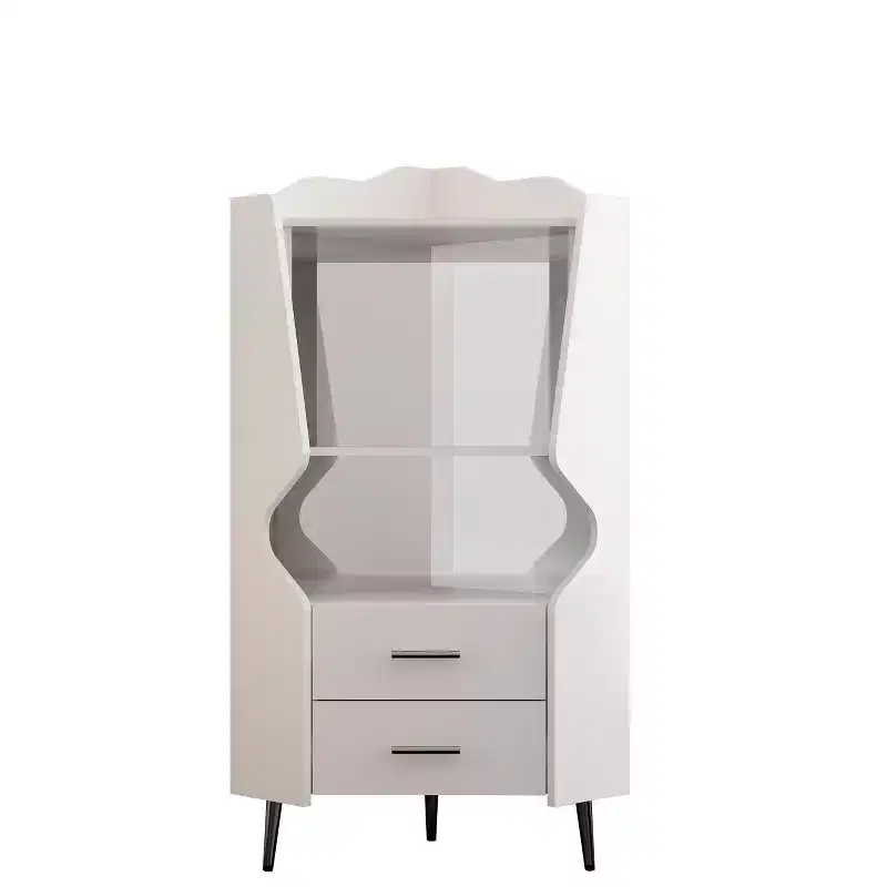 Modern Corner Bar Cabinet with Open Shelves and Drawers, White