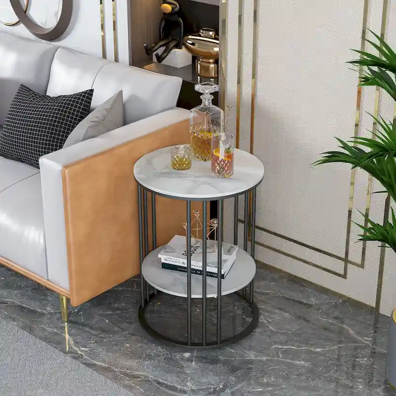 Tall Frame End Table Sintered Stone Tabletop Nightstand Storage Shelf - 15.7x15.7x21.3 inch