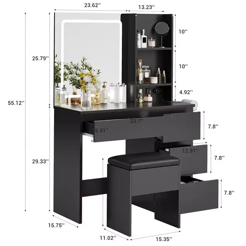 Vanity Desk with Mirror LED Lights, 4 Drawers, Power Outlet, Storage Stool, Shelves and Hair Dryer Holder