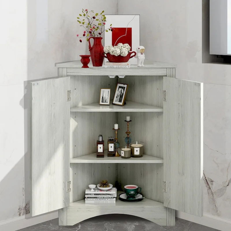 Corner Storage Cabinet with Adjustable Shelves and Doors