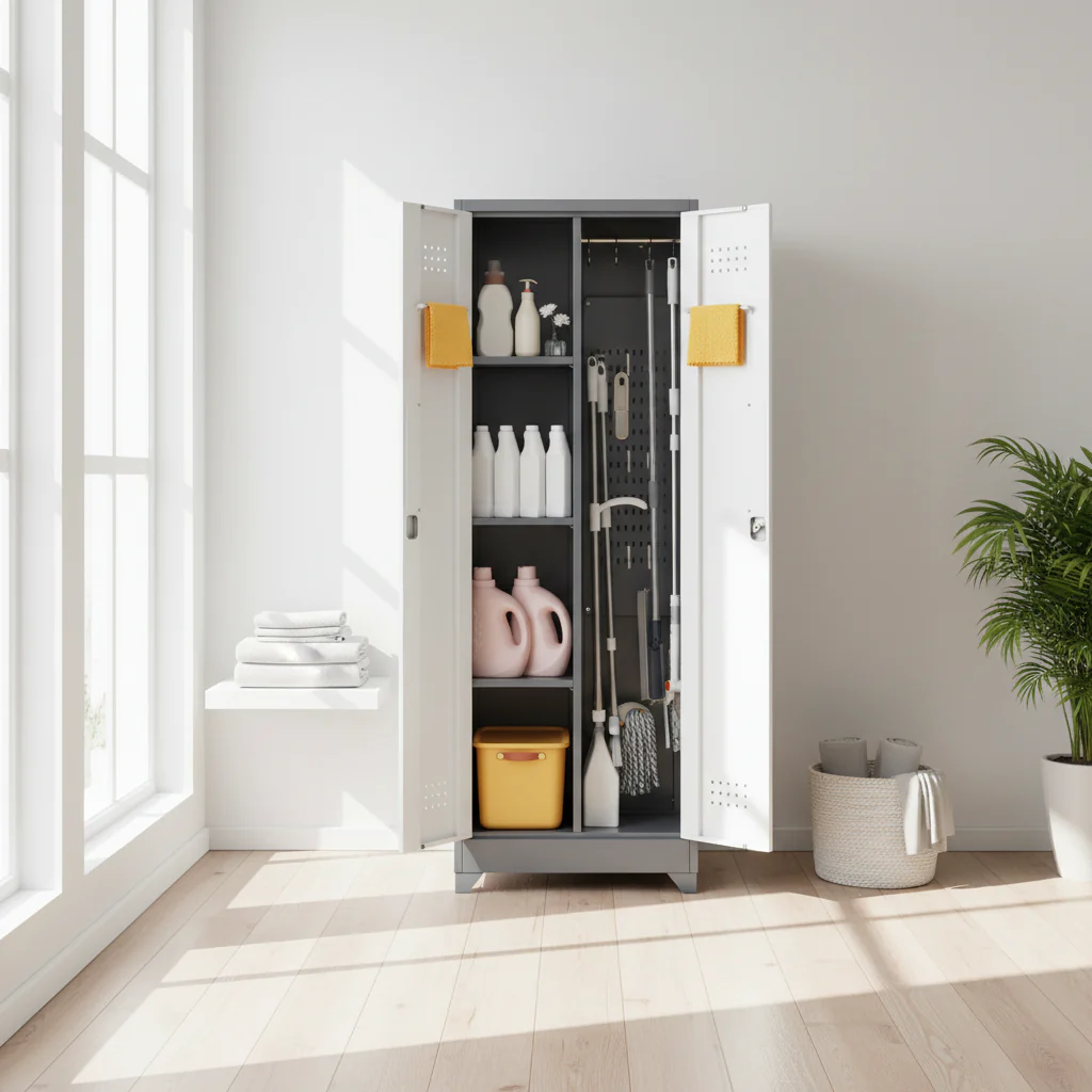 Tall Steel Storage Cabinet with Locking Door & Hanging Rod – Grey / Grey+White, Anti-Rust, Ventilated