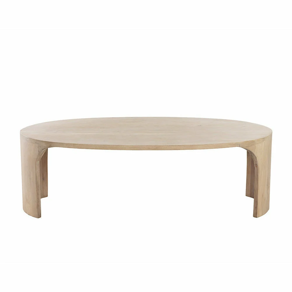 Mid-Century Modern Solid Acacia Wood Coffee Table with Oval Top & Curved Legs for Living Room
