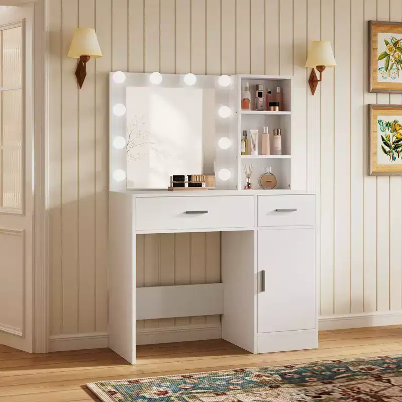 HYLEORY Vanity Desk Table with Mirror, Power Outlet and 10 Lights, Makeup Table with 3 Drawers,3 Color Modes Available for Bedroom-HYLEORY