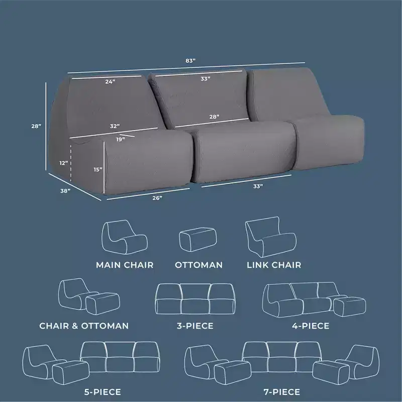 Big Joe Solvana Outdoor Patio Furniture Set, Weather-Resistant Cool Touch Silicone Stitched Leather Sofa, 3 Piece Sectional, Moonlit Gray