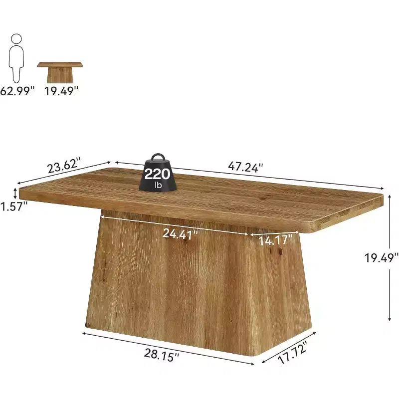 Lantine 47-Inch Farmhouse Coffee Table, Solid Wood Pedestal Center and Accent Tea Table for Living Room, Apartment, Vintage Brown