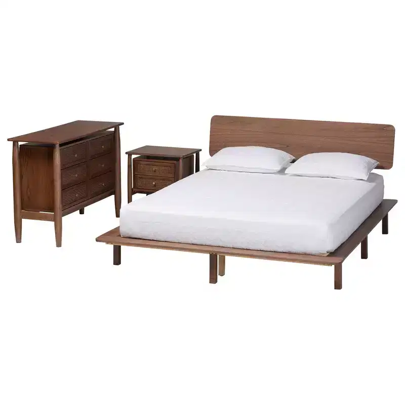 Baxton Studio Alyssa Japandi Walnut Brown Wood 3-Piece Bedroom Set