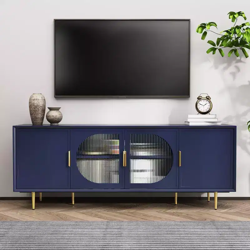 66 Gold-Leg Media Console  Modern TV Stand with Glass Doors, 55 Compatible, Living Room/Bedroom Storage
