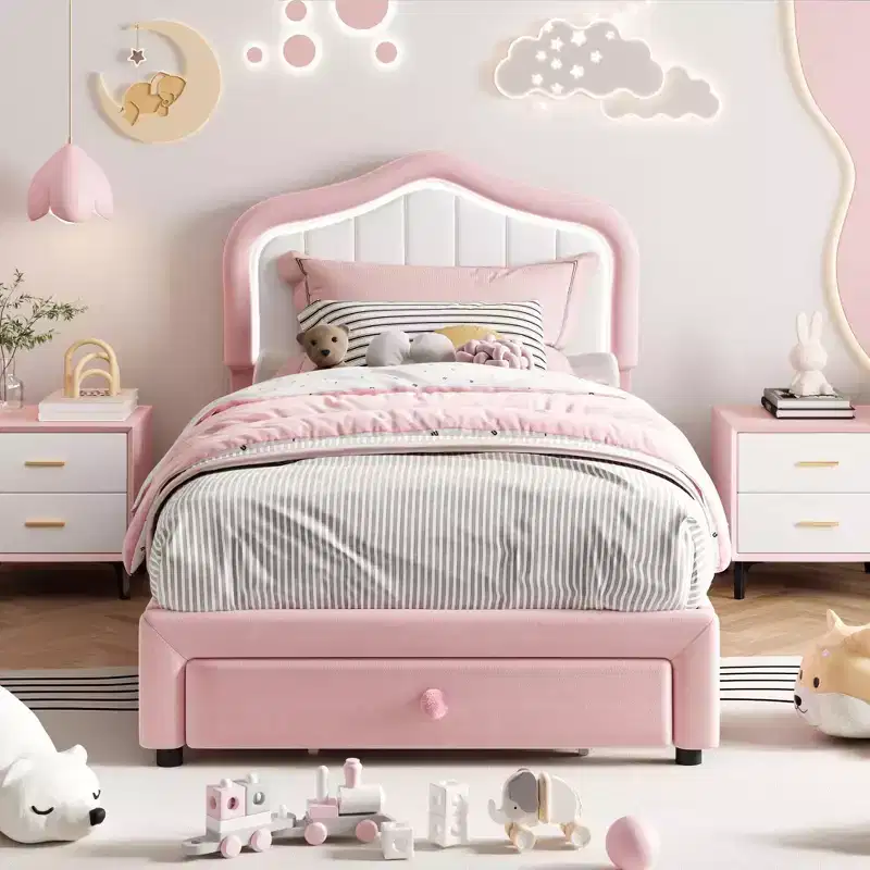 Twin Upholstered Bed Frame Storage Drawer Princess Style Soft HeadboardPink White