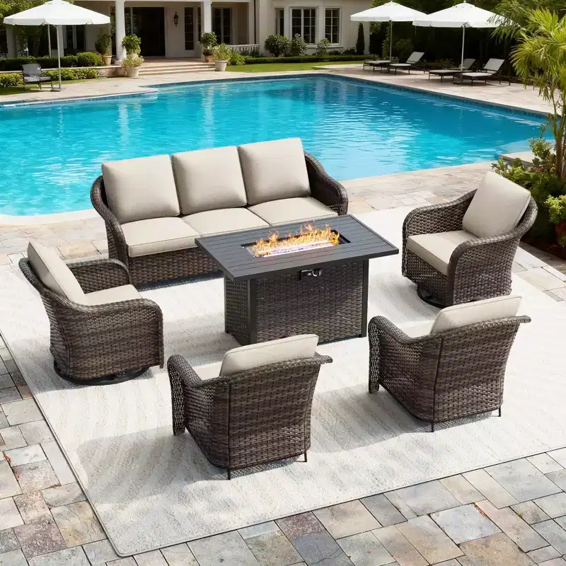 UPTIOT 6-Piece Outdoor Set with 3-Seat Sofa, 2 Swivel Chairs, 2 Single Chairs & 50,000 BTU Grey Fire Table