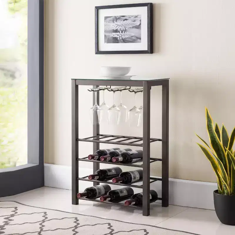 Freestanding Floor Wine Rack Storage Table, Hold 20 Bottles with Glasses Holder (Pewter)