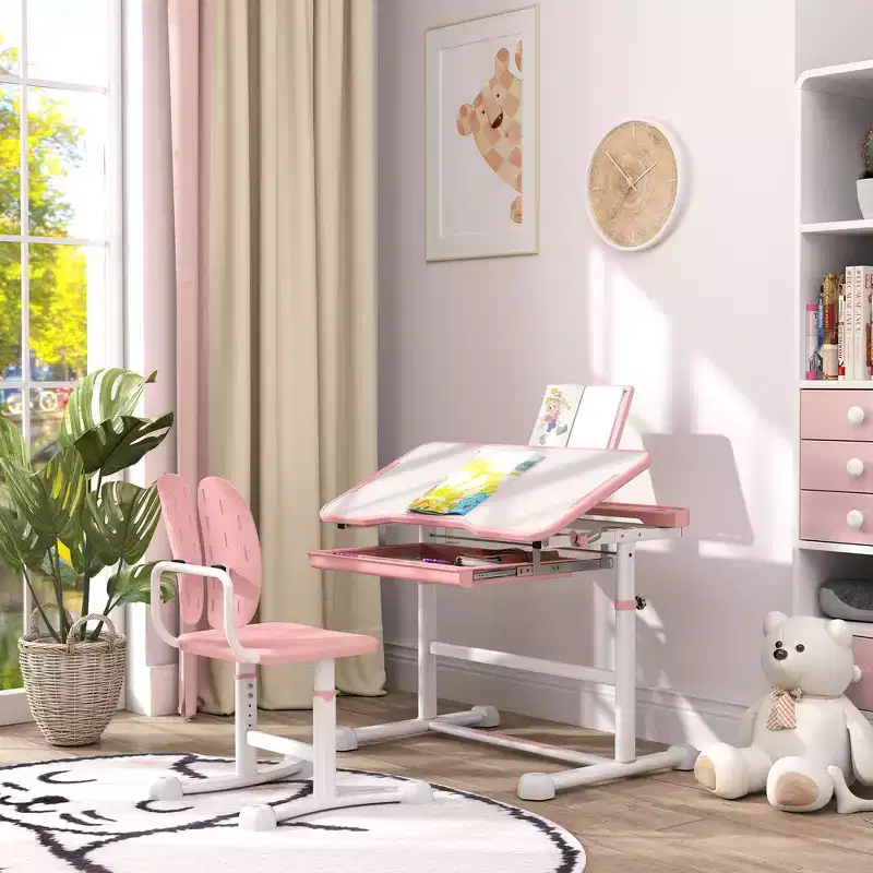 Whisen Kids Ergonomic Desk and Chair Set, Adjustable Height Study Table with Tilting Top, Drawer - Pink