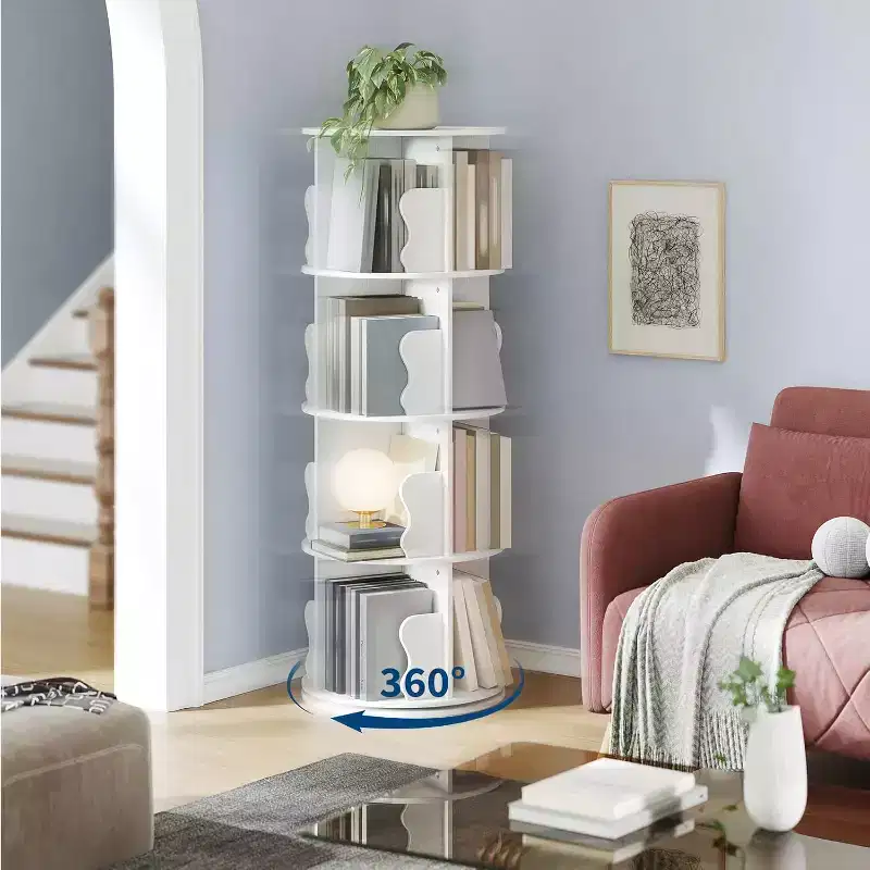 4 Tier Rotating Bookshelf, Wood Spinning Bookshelf Tower, 360 Revolving Corner Bookshelves for Small Spaces, Floor Standing Bookcase for Home Office