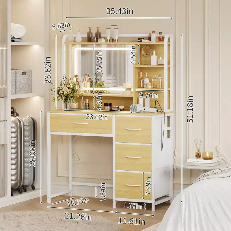 Vanity Desk with Mirror, 35.4 Makeup Vanity Table with 4 Fabric Drawers & Storage Shelves
