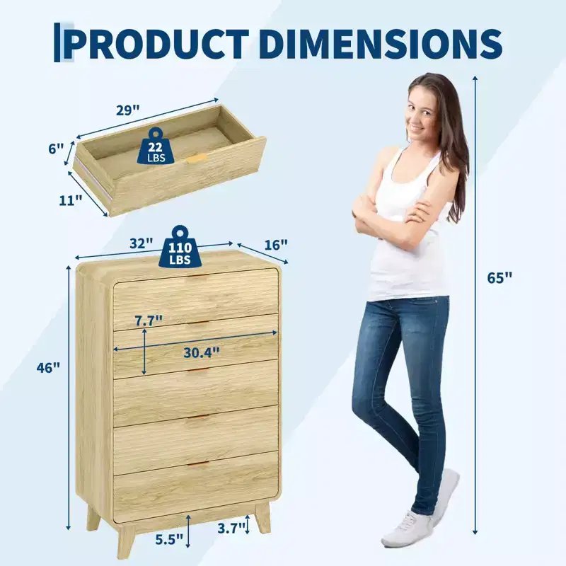 Fluted 5 Drawers Dresser, Curved Profile Design, Modern Wood Storage Cabinet, for Living Room, Bedroom, Entryway
