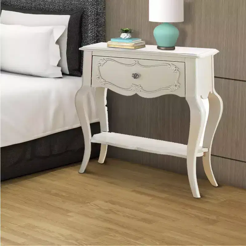 Wood Nightstand Pearl White with Carved Drawer and Lower Shelf