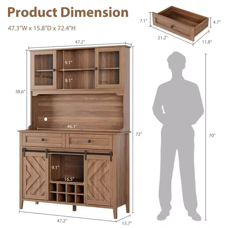 72 Farmhouse Bar Cabinet with Sliding Barn Door  Large Kitchen Buffet with Hutch, Charging Station, 2 Drawers & 8 Storage Shelves  Coffee
