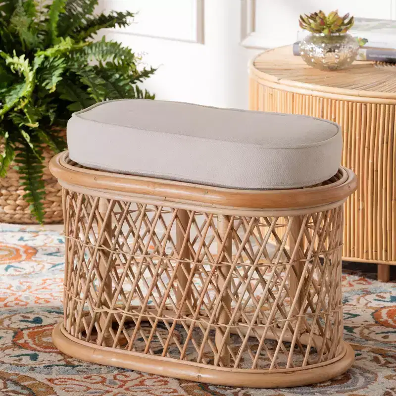 bali & pari Ladonna Natural Rattan Ottoman Footstool Natural: Upholstered Indoor Bench, Oval Shape, No Assembly Required