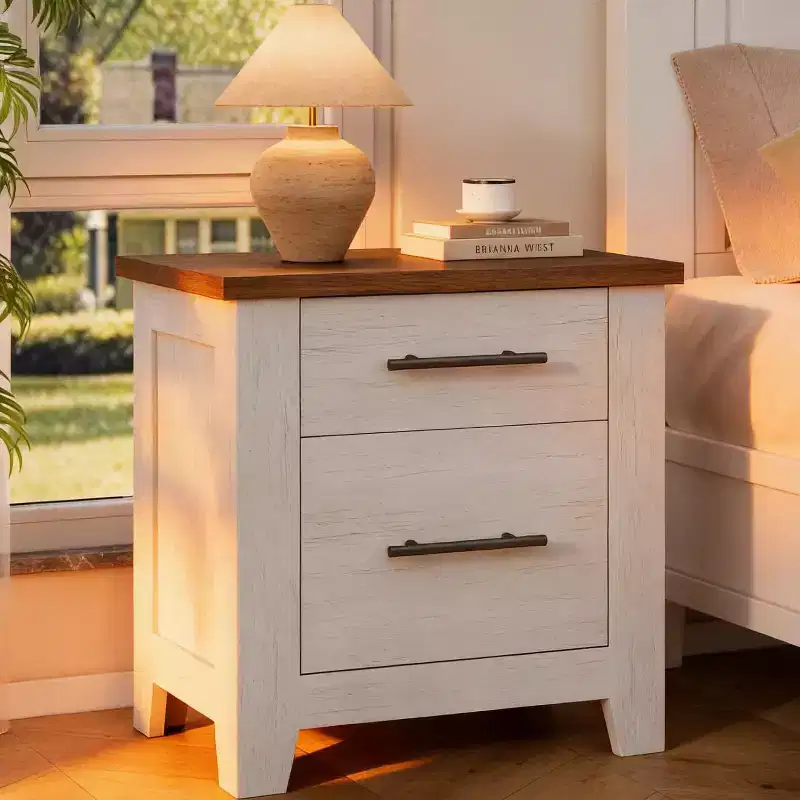23 Inch Farmhouse Nightstand w/ 2 Drawers, Wooden Bedside Table End Table for Bedroom Living Room, 170 LBS Support, Space Saving
