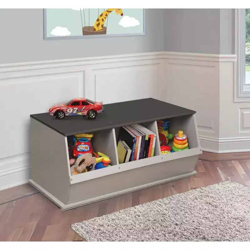 Badger Basket Three Bin Stackable Storage Cubby Woodgrain/Gray