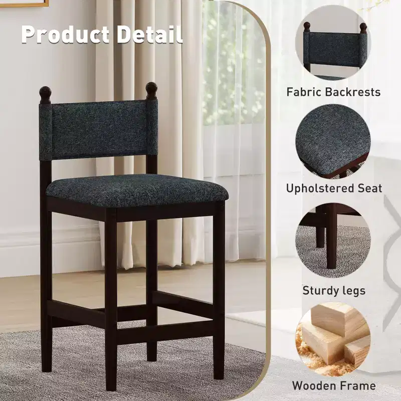 Bestier Upholstered Bar Stools with Fabric Backrest, Wooden Frame and Sturdy Legs,set of 2