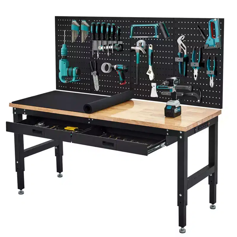 60 Inches Workbench, Rubber Wood Tabletop Work Table with 2 Drawers & Pegboard, 3000 LBS Heavy Duty Adjustable Height Work Bench with Power Outlets