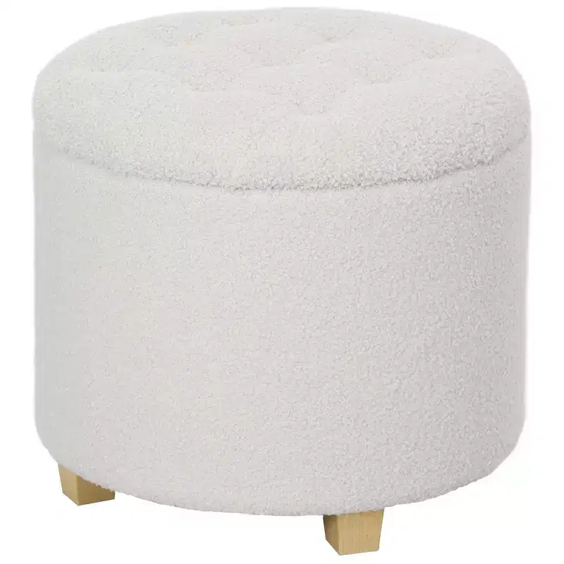 18 Round Ottoman with Storage, Teddy Fleece Button Tufted Foot Stool with Lid Legs for Living Room Hallway