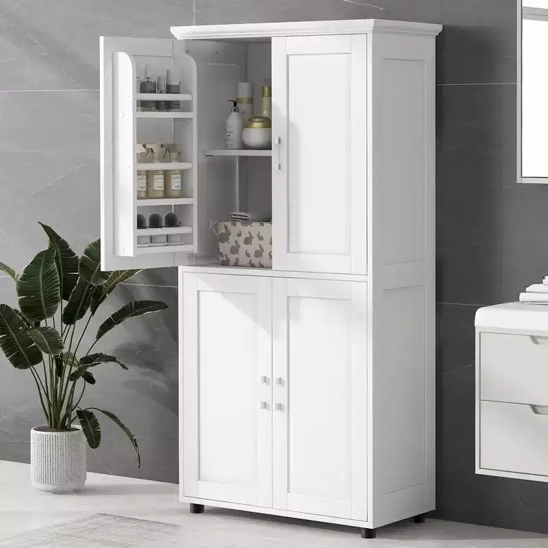 Tall Bathroom Storage Cabinet, 4-Door Freestanding Floor Cabinet with Adjustable Shelves, 62