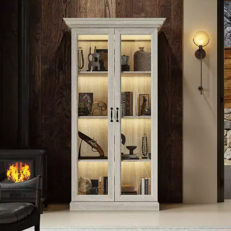 Famapy Bookcase Gray Oak Glass Display Cabinet wLED Light Strip, Tall Bookshelf with Doors Curio Storage Cabinet