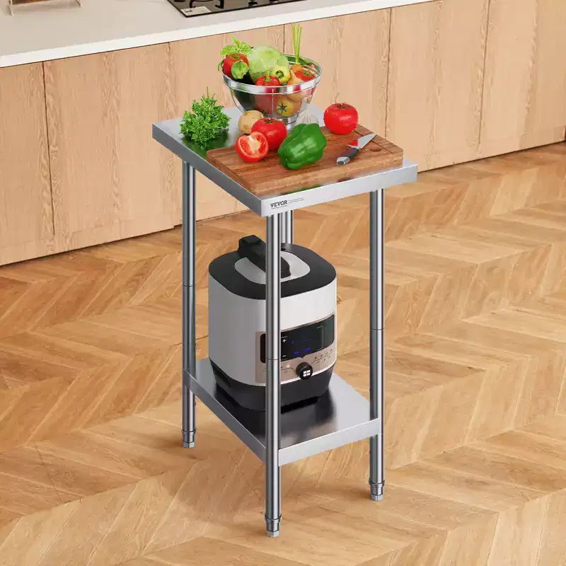 Stainless Steel Prep Table, 24 x 18 x 34 Inch, 640 lbs Load Capacity, Heavy Duty Metal Worktable with 3 Adjustable Height Levels