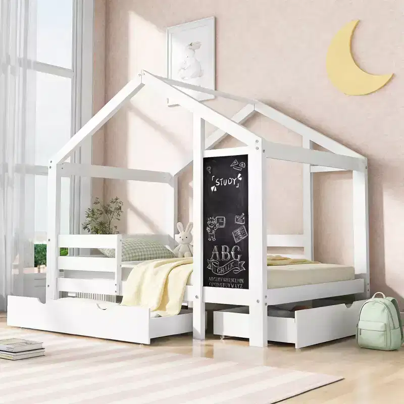 House Bed With 2 Large Drawers, Chalkboard and Fence, White