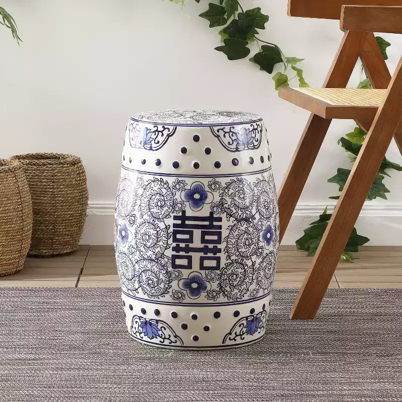 JONATHAN Y Double Happiness 18 Chinoiserie Ceramic Drum Garden Stool/Accent Table