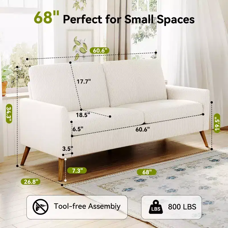 68 Loveseat Sofa, Comfy Corduroy Couches for Living Room, Mid Century Modern Love Seat Sofa, Tool-Free Setup Small Couches for Bedroom Office