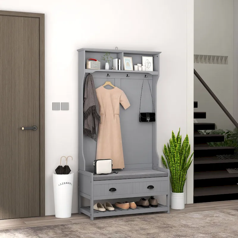 Entryway Hall Tree Coat Rack with Bench | 4 Hooks, 2 Drawers, Padded Cushion | Gray | 35x16.5x67.75
