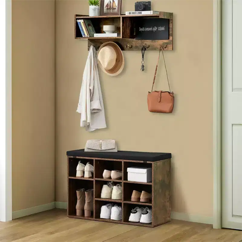 Hall Tree, Wall-Mounted Coat Rack and Shoe Bench with 5 Hooks, Industrial Style Entryway Storage Coat Rack, Shoe Cabinet with Hallway Storage