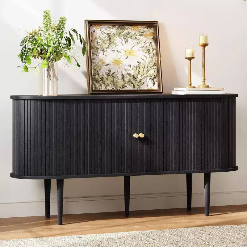 AMERLIFE 55 TV Stand, Mid Century Modern Console with Tambour Door, Solid Wood Legs