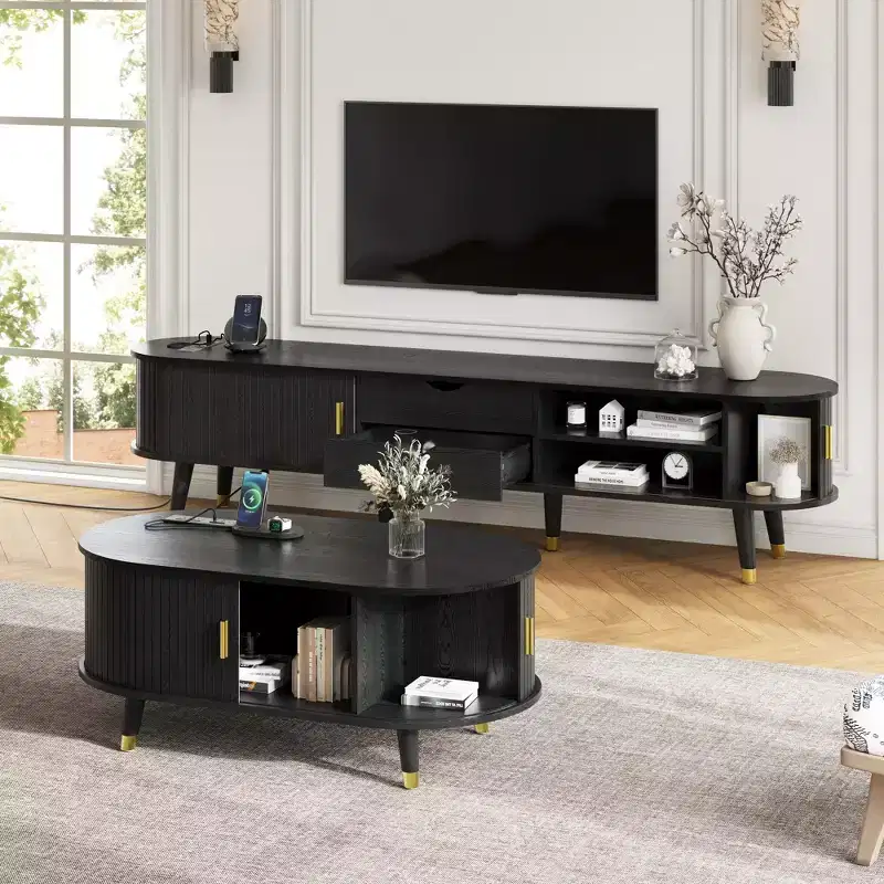 Olivia Mid-Century Modern Wooden Fluted TV Stand and Coffee Table with Charging Station, Sliding Doors and Storage
