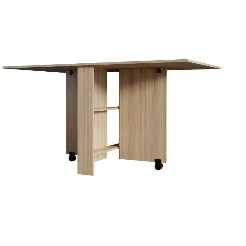 55IN Modern Extendable Kitchen Table, Space-Saving Dining Table with 2 Wheels and 2 Storage Racks, Foldable Table for Living Room, Wood