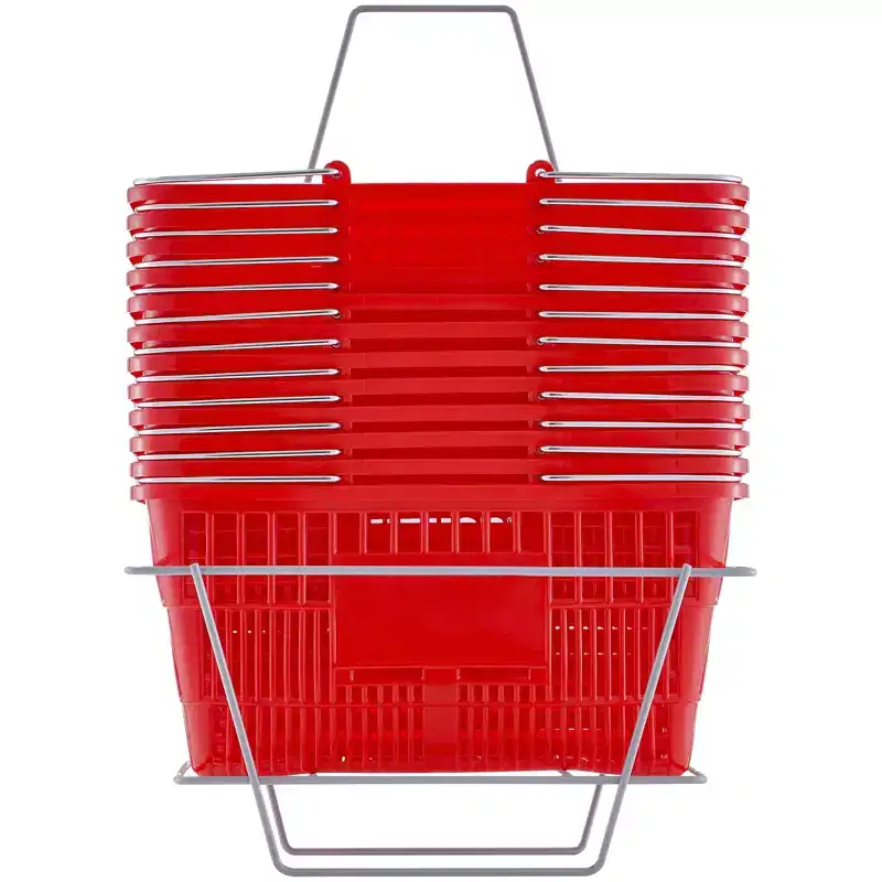 Shopping Basket, , 21L Durable Plastic Grocery Basket with Metal Handle and Stand, 16.73 x 12.01 x 8.58 inch Portable Shop Basket, Red
