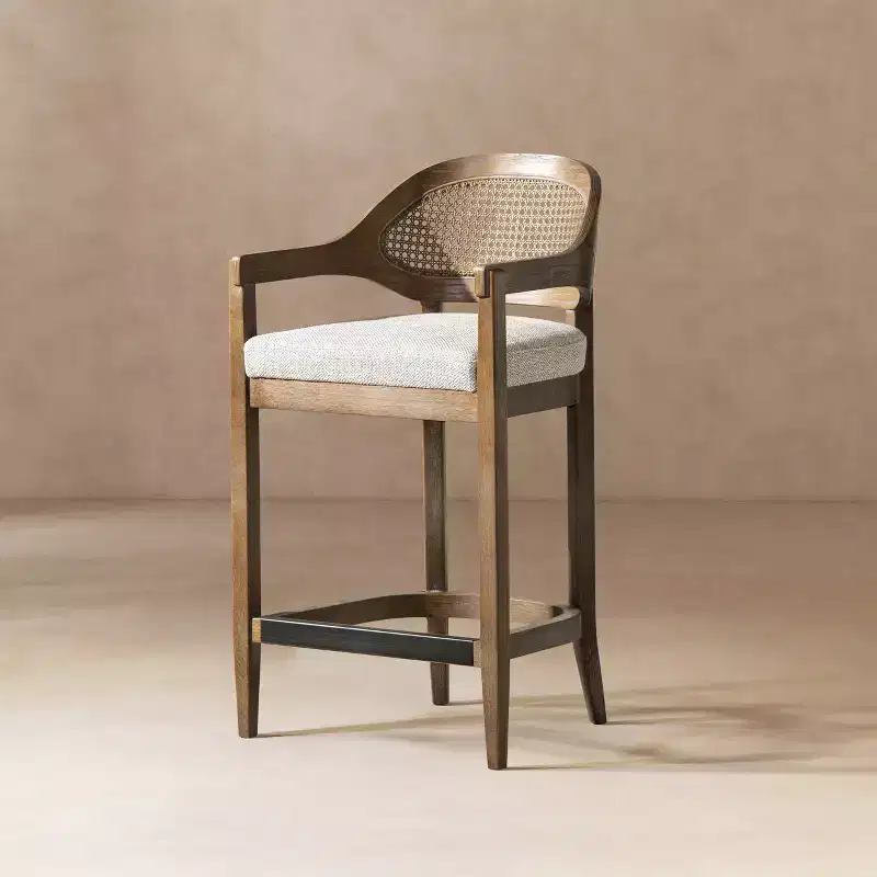 Mid-Century Modern 26 in. Cane Back Counter Stool, Two-Tone Neutral Gray Wool Blend