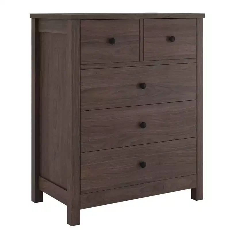 5 Drawer Wood Dresser with Deep Storage Drawers, Sturdy Entryway Cabinet with Round Handles for Bedroom Living Room Office