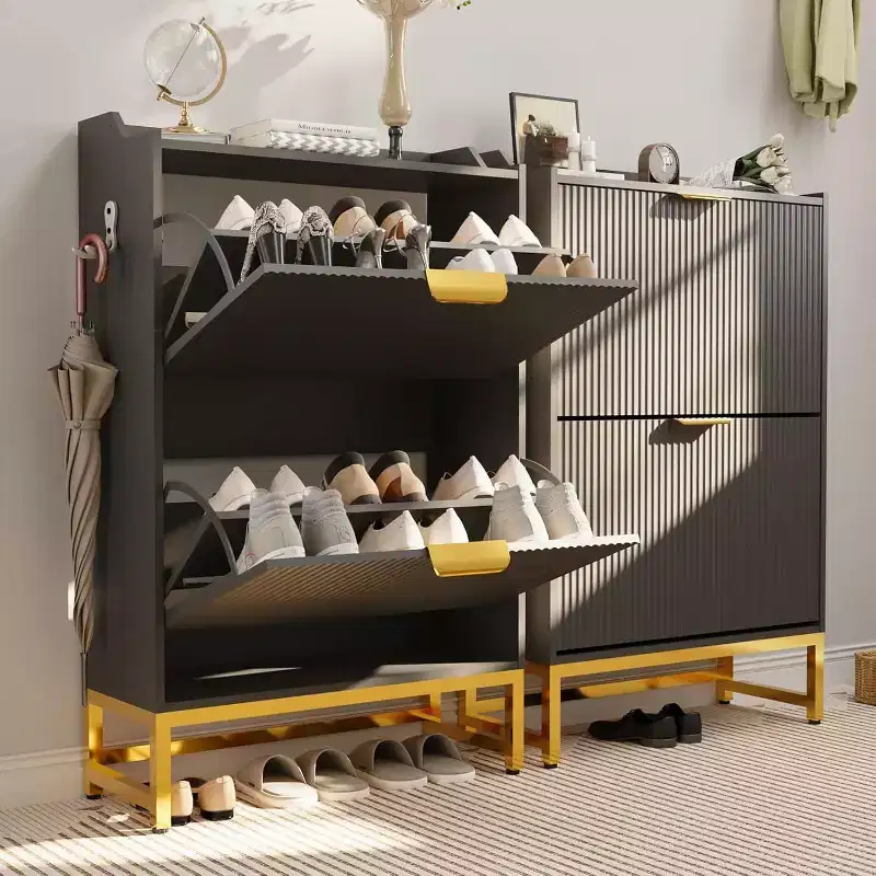 Fluted Shoe Cabinet, Wave Pattern 2 Flip Drawer Slim Organizer with Gold Handles, Entryway Storage Rack