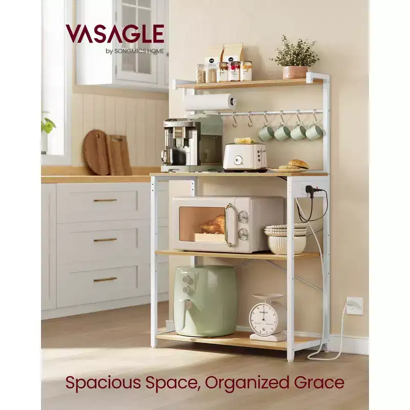 ASAGLE Kitchen Bakers Rack with Power Outlet, Coffee Bar 4-Tier with 8 S Hooks, Microwave Stand, Adjustable Shelf