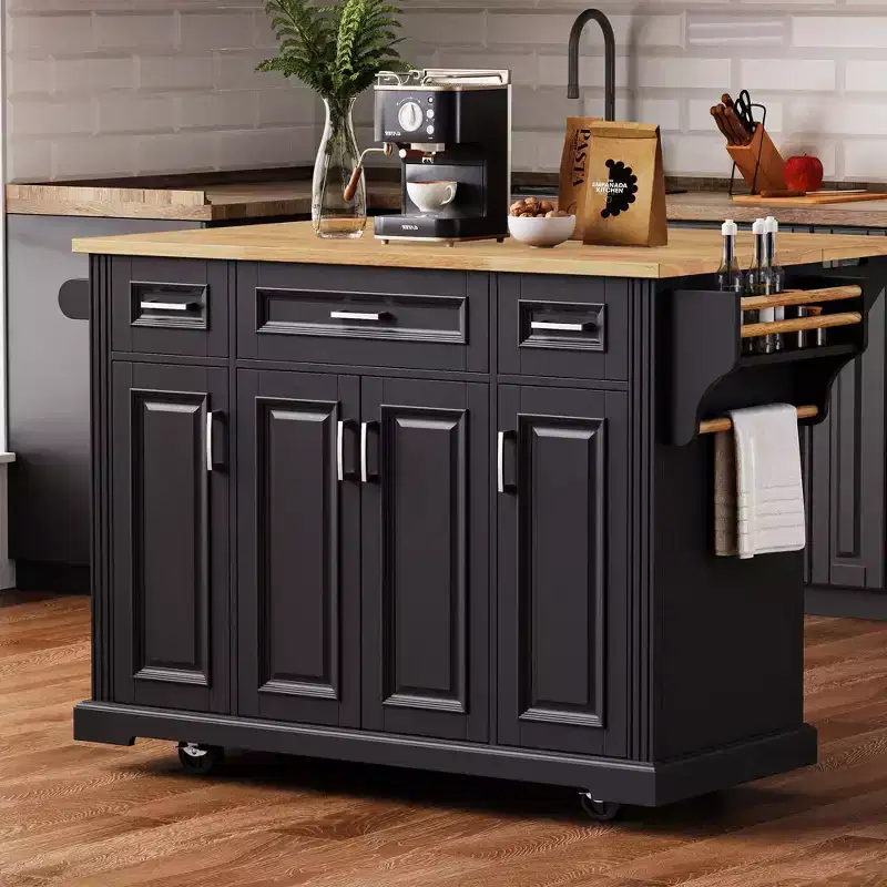 GDFStudio Gaius 54 Kitchen Island with Rubber Wood Drop Leaf, Wheels, 4 Doors and 3 Drawers